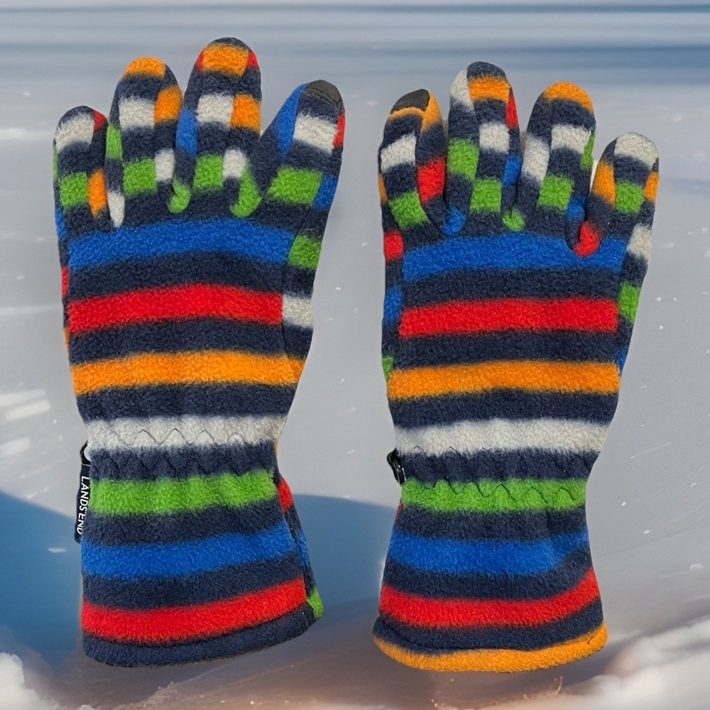 Lands' End Fleece Gloves Kids Size SMALL EZ-Grip Rainbow Stripes Gathered Wrist